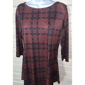 LILY BY FIRMIANA Sz SMALL Tunic Top Burgundy Black Plaid Stretch EUC